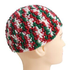 Christmas Skull Cap OS Red Green White Beanie Hat Handmade Crochet Hand Knit NWT